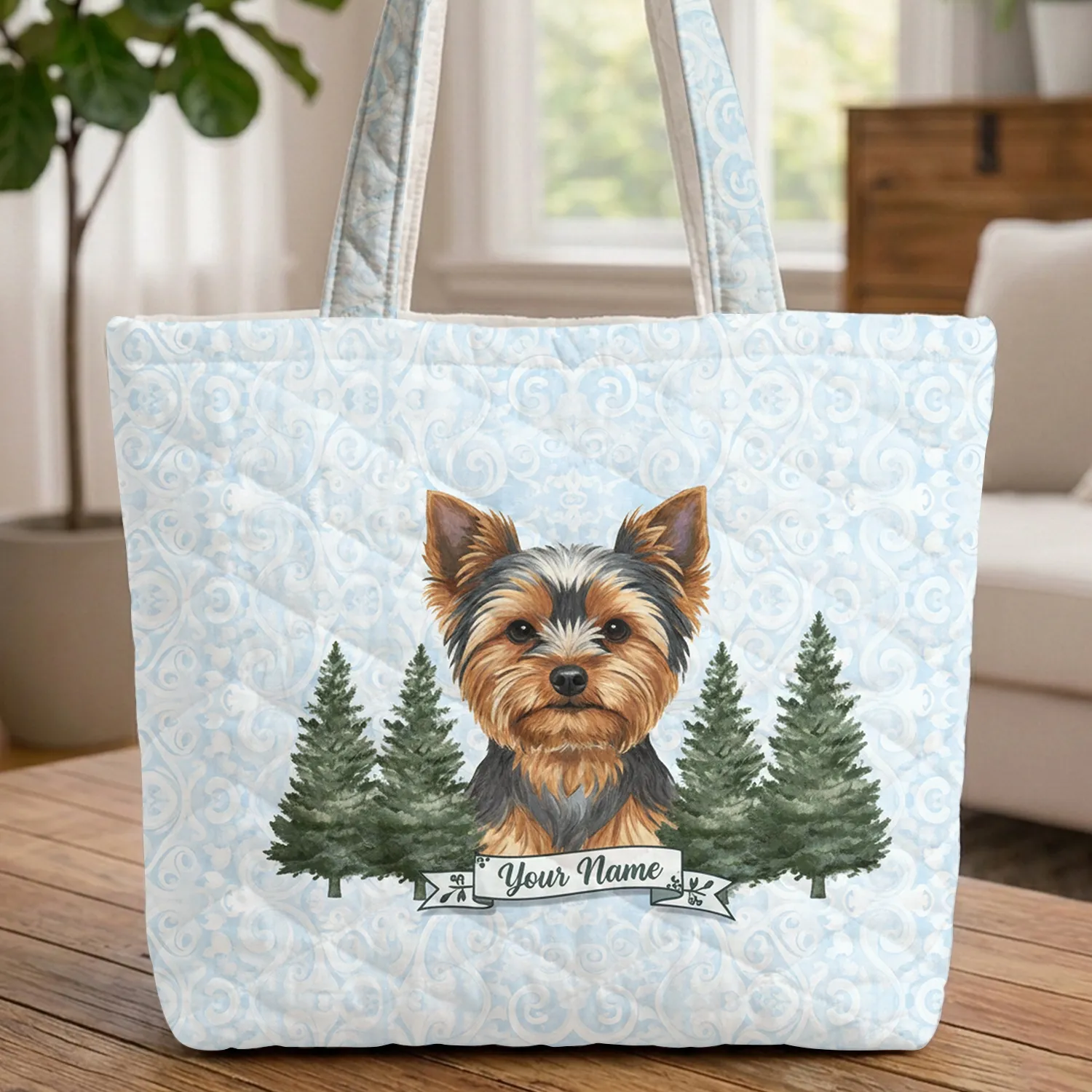 Personalized Yorkshire Terrier Evergreen Trees - Everyday Carry Gift for Dog Lovers Quilted Tote Bag - 1