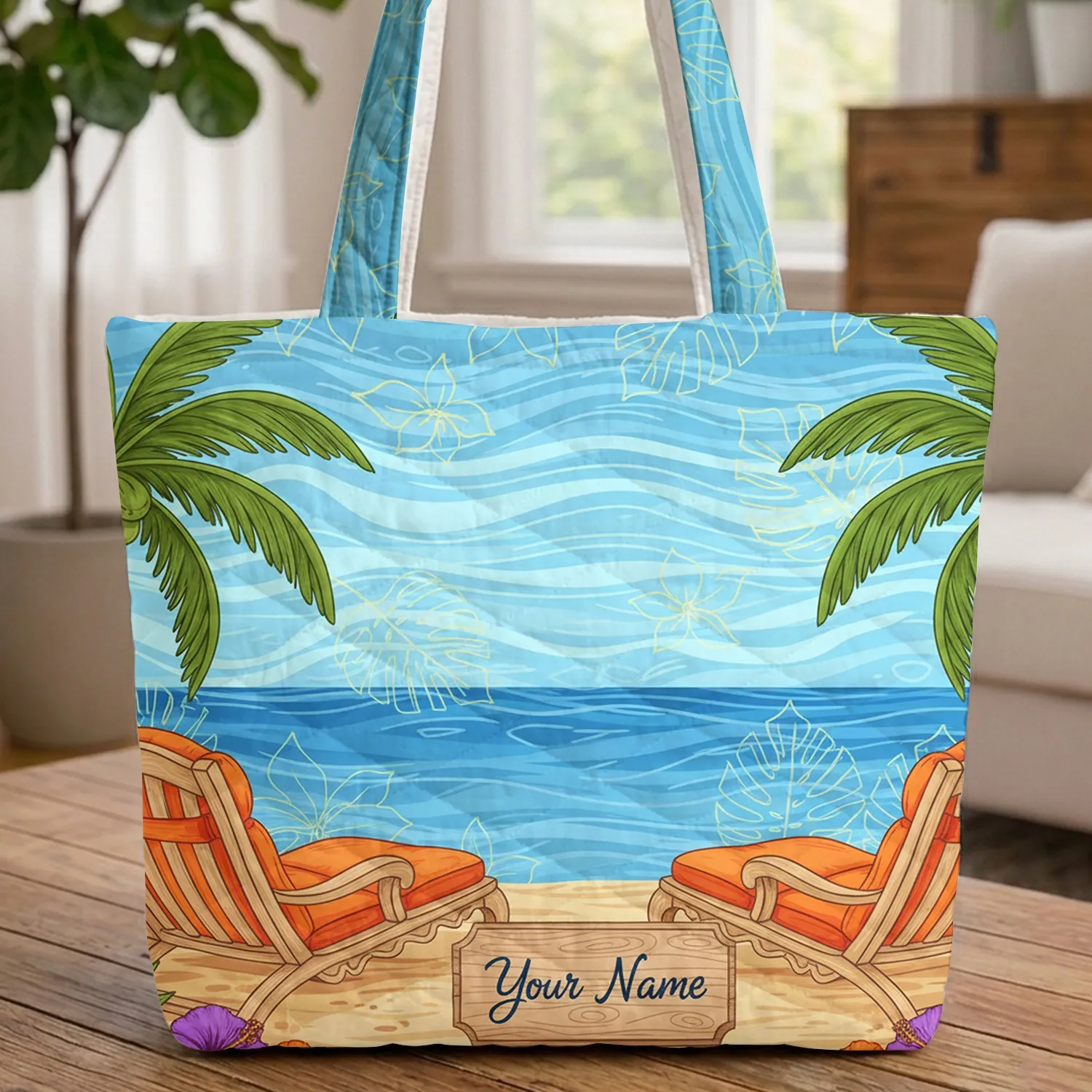 Beach Chairs Palm Trees Hibiscus Tropical Leaves Ocean Waves - Travel Essentials Quilted Tote Bag - 1