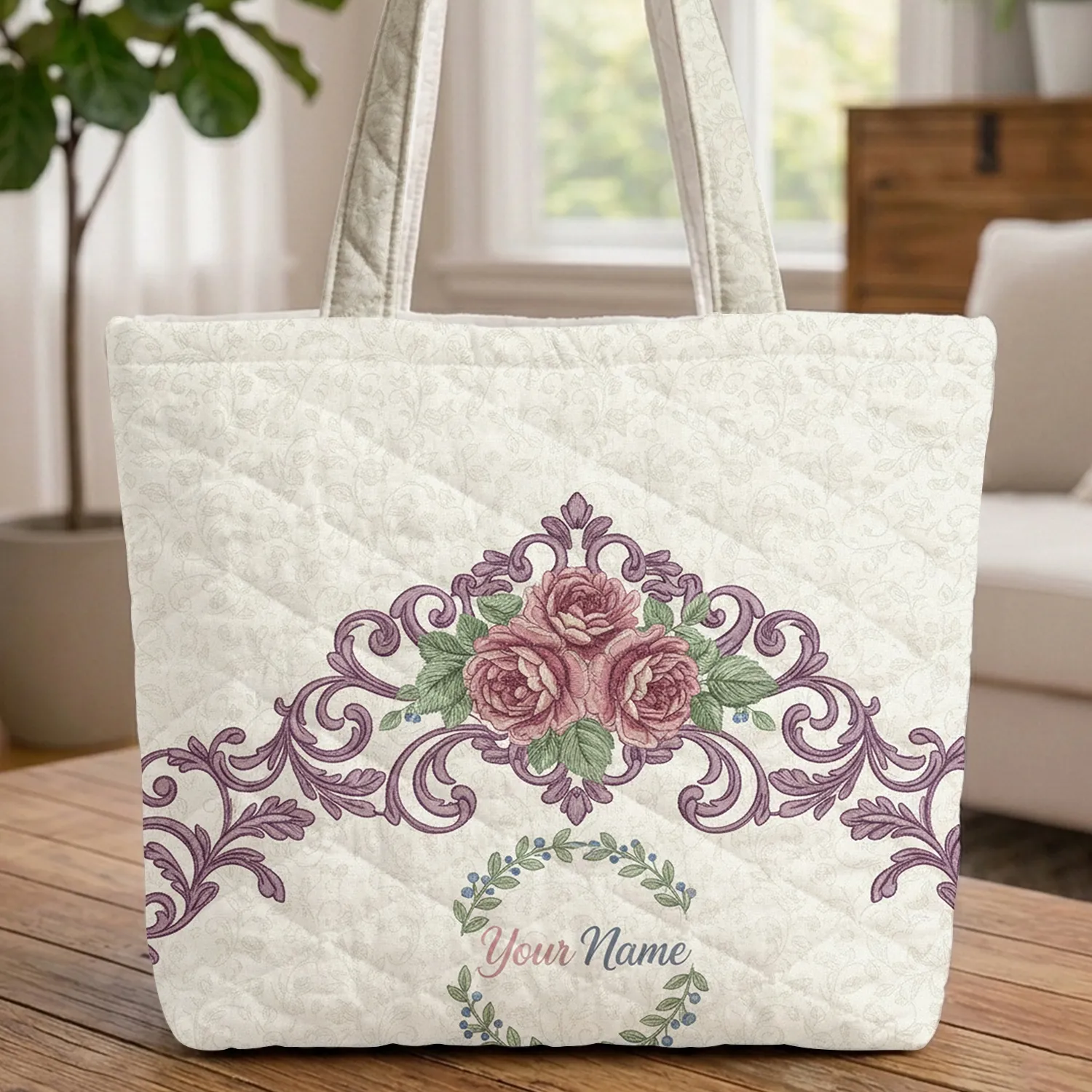 Pink Rose Bouquet Floral Wreath Scrollwork Vines Everyday Carry Gift Quilted Tote Bag - 1