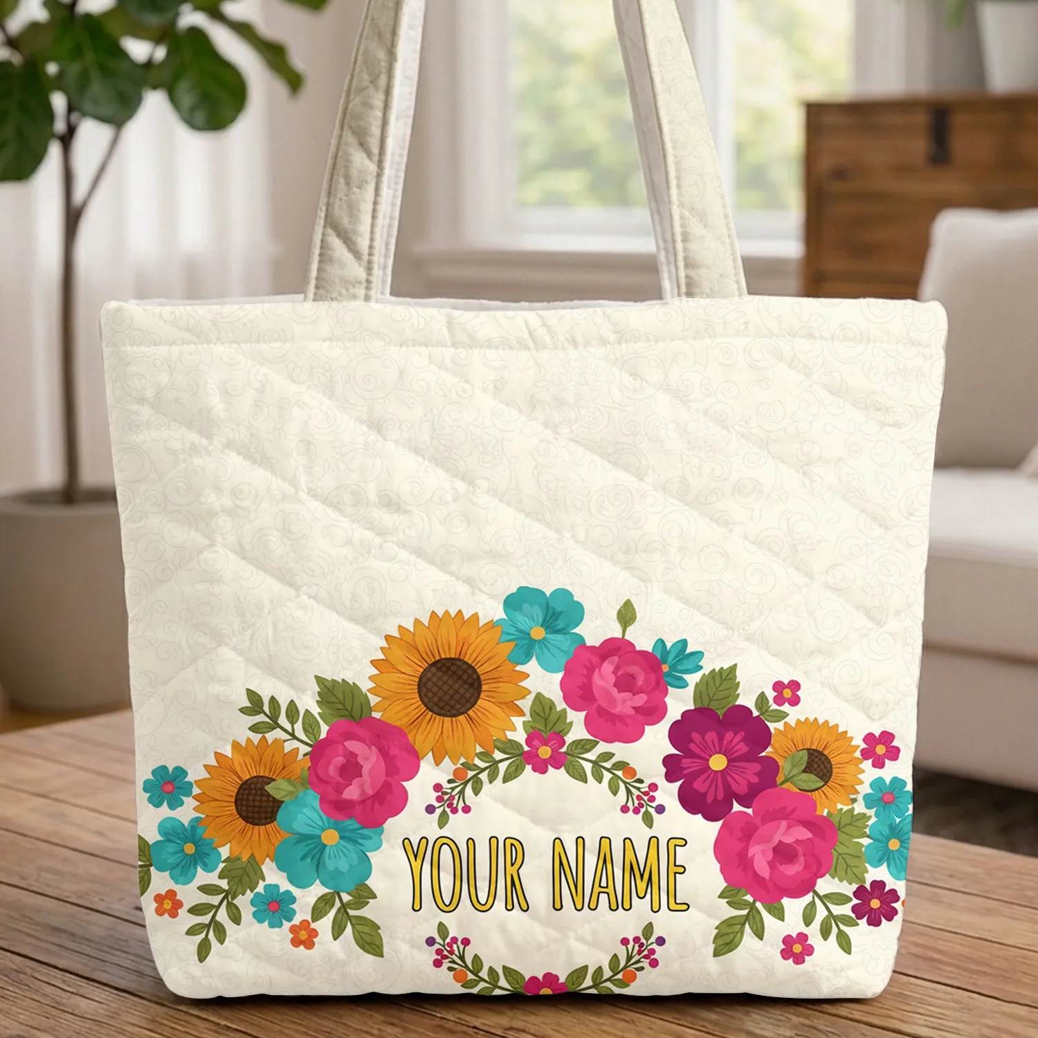 Ornate Garden Storybook Sunflowers Blossom Folk Art Wreath - Everyday Carry Gift Quilted Tote Bag - 1