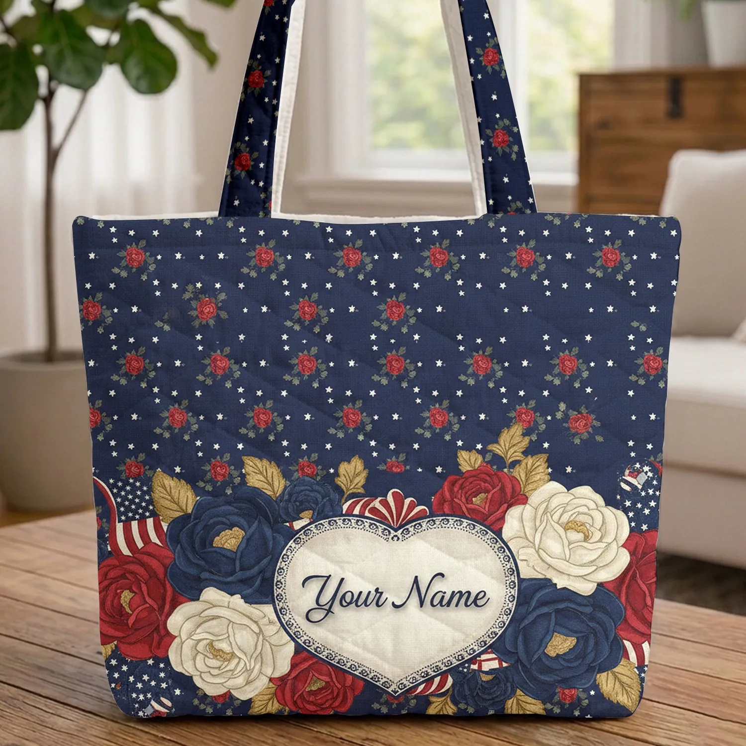American Flag Roses Heart Stars - Independence Day Travel Carry Gift Quilted Tote Bag - 1