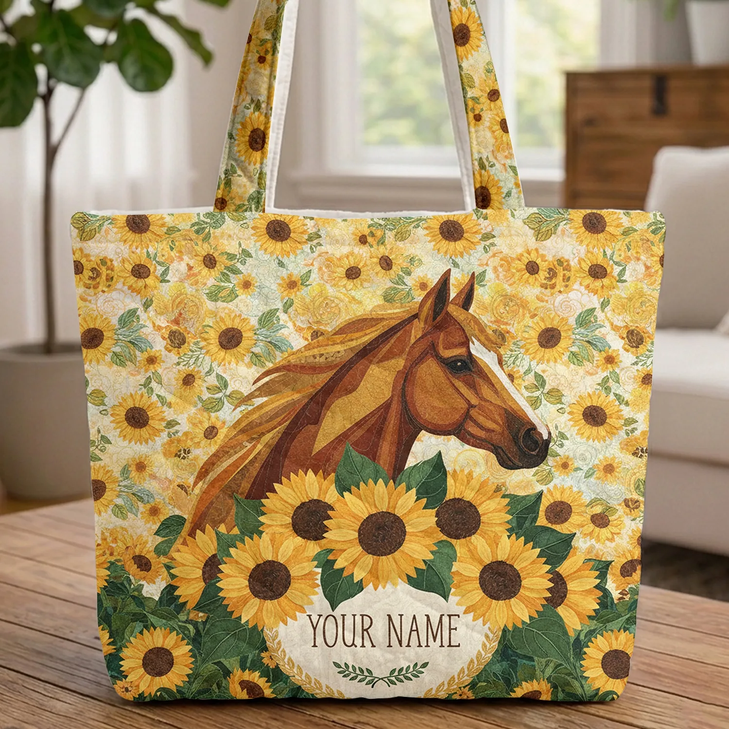 Majestic Horse Head Sunflowers Floral Wreath - Everyday Carry Horse Lover Gift Quilted Tote Bag - 1