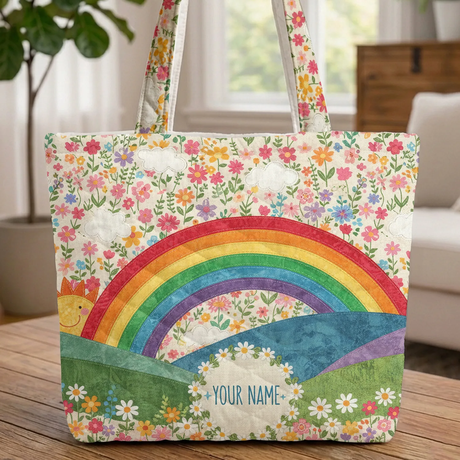 Personalized Rainbow Mountains Wildflower Daisy - Everyday Carry Gift Quilted Tote Bag - 1