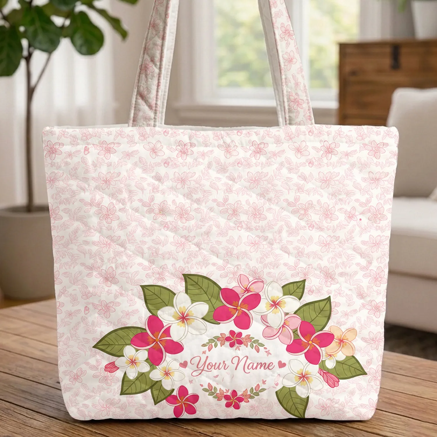 Hawaiian Plumeria Blossoms Tropical Leaves Floral Wreath - Everyday Carry Gift Quilted Tote Bag - 1