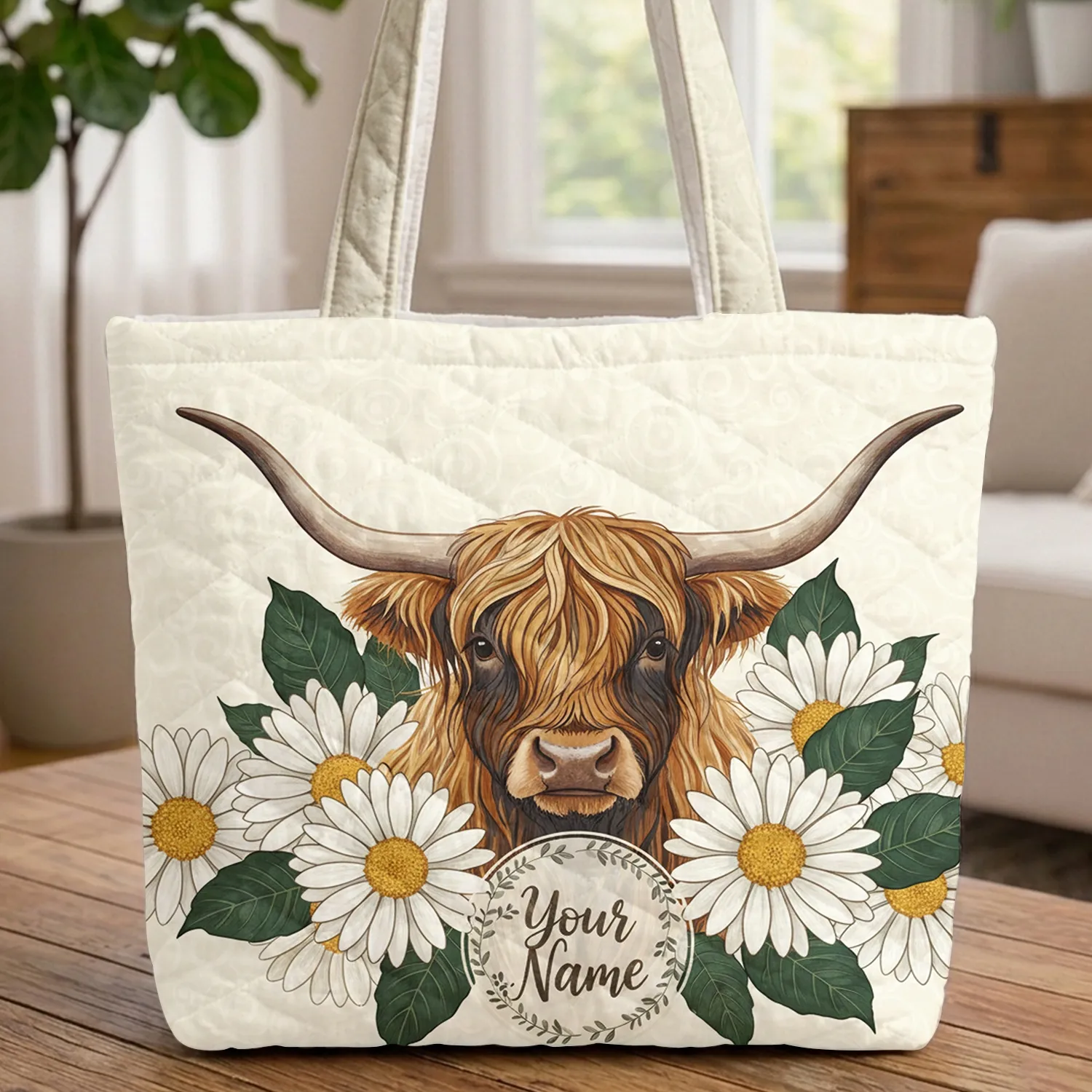 Highland Cow Daisy Name Garland - Everyday Carry Gift for Cow Lover Quilted Tote Bag - 1