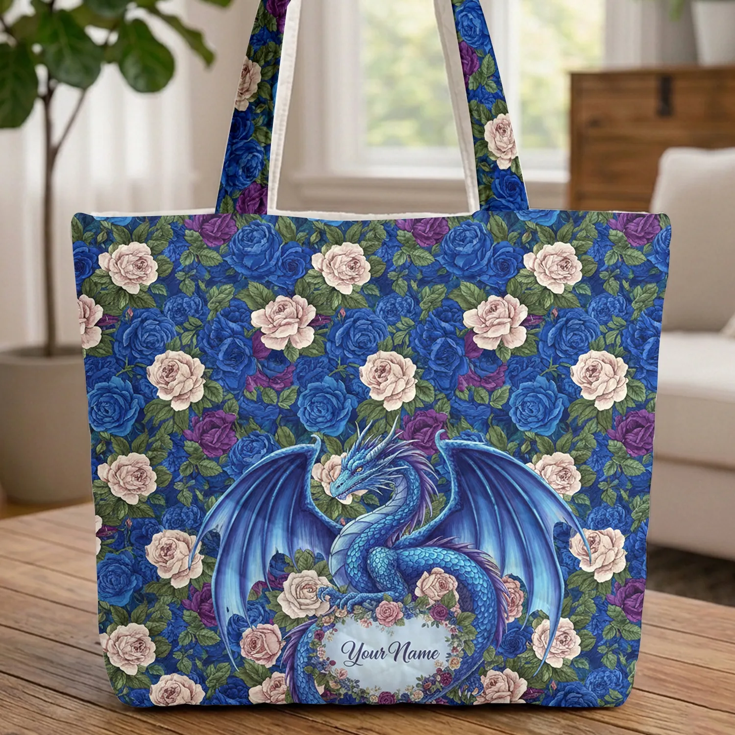 Majestic Blue Winged Dragon Blooming Roses Green Foliage Heart Everyday Carry Gift Quilted Tote Bag - 1