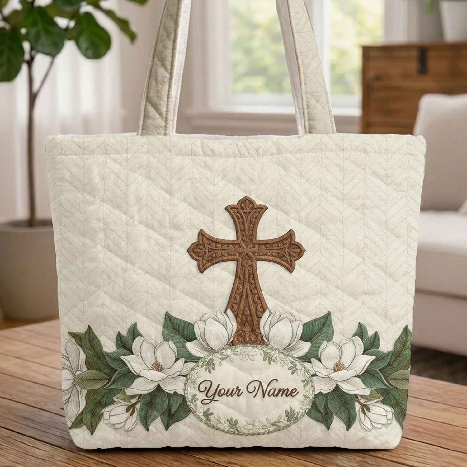 Ornate Wooden Cross Magnolia Botanical Garland Personalized Name Wreath Everyday Carry Gift Quilted Tote Bag - 1