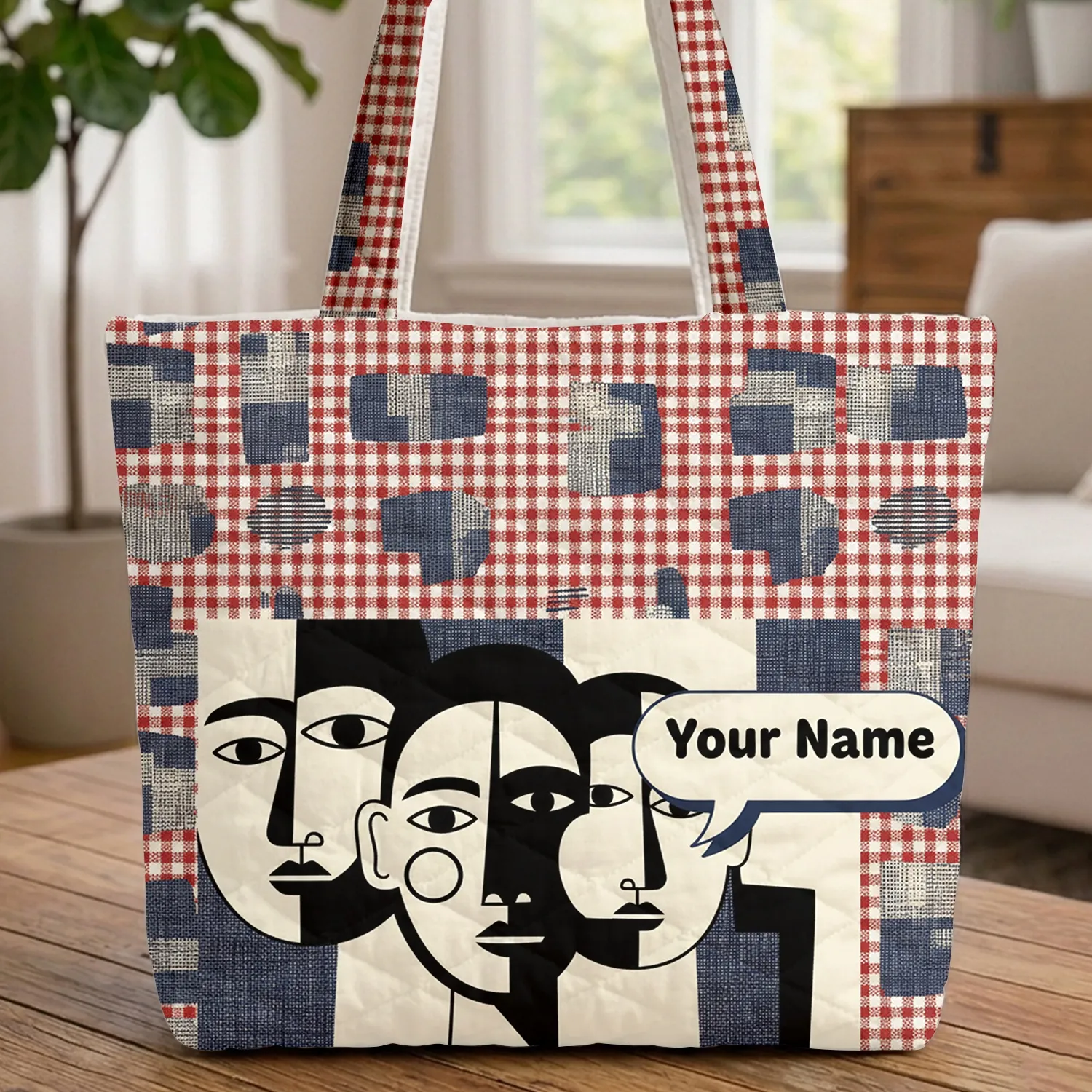 Three Faces Cloud Speech Bubble Gingham Check Weave Everyday Carry Essentials Gift Quilted Tote Bag - 1