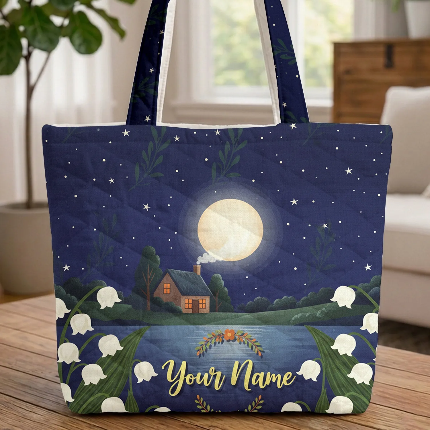 Moon Cottage Water Lily Flowers Night Scene - Everyday Carry Gift for Gardeners Quilted Tote Bag - 1