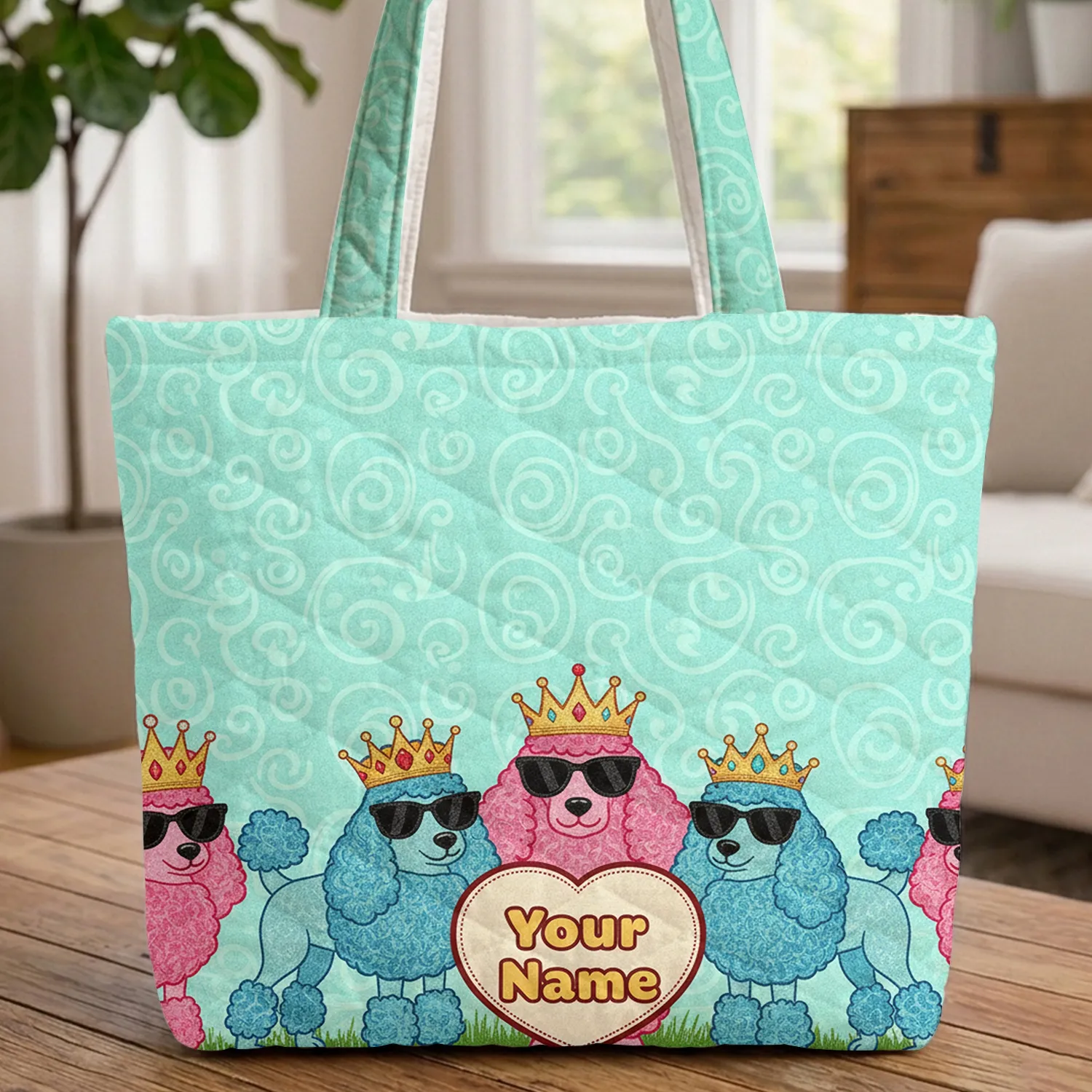 Personalized Poodle Dogs Sunglasses Crowns Heart Swirls - Everyday Carry Gift Quilted Tote Bag - 1