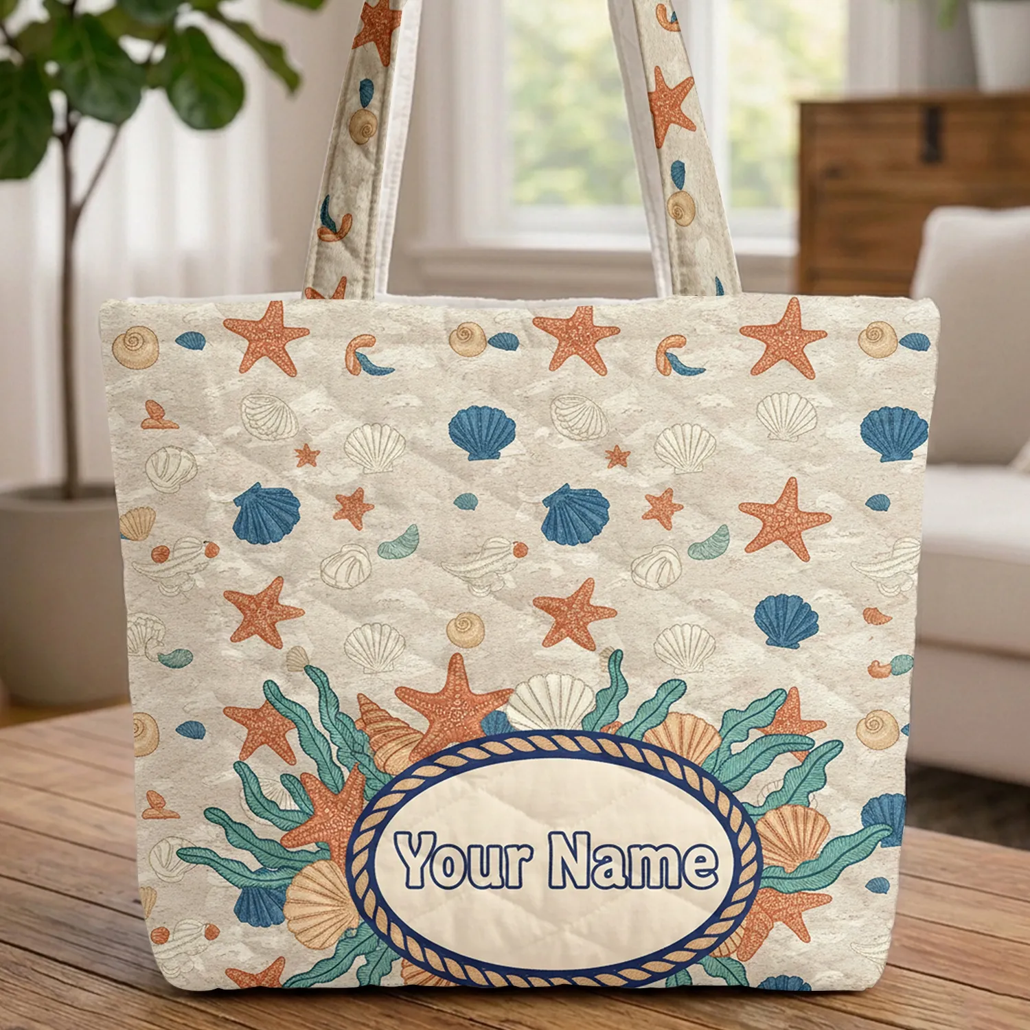 Personalized Oval Medallion Seashell Starfish Beach - Everyday Carry Gift Quilted Tote Bag - 1