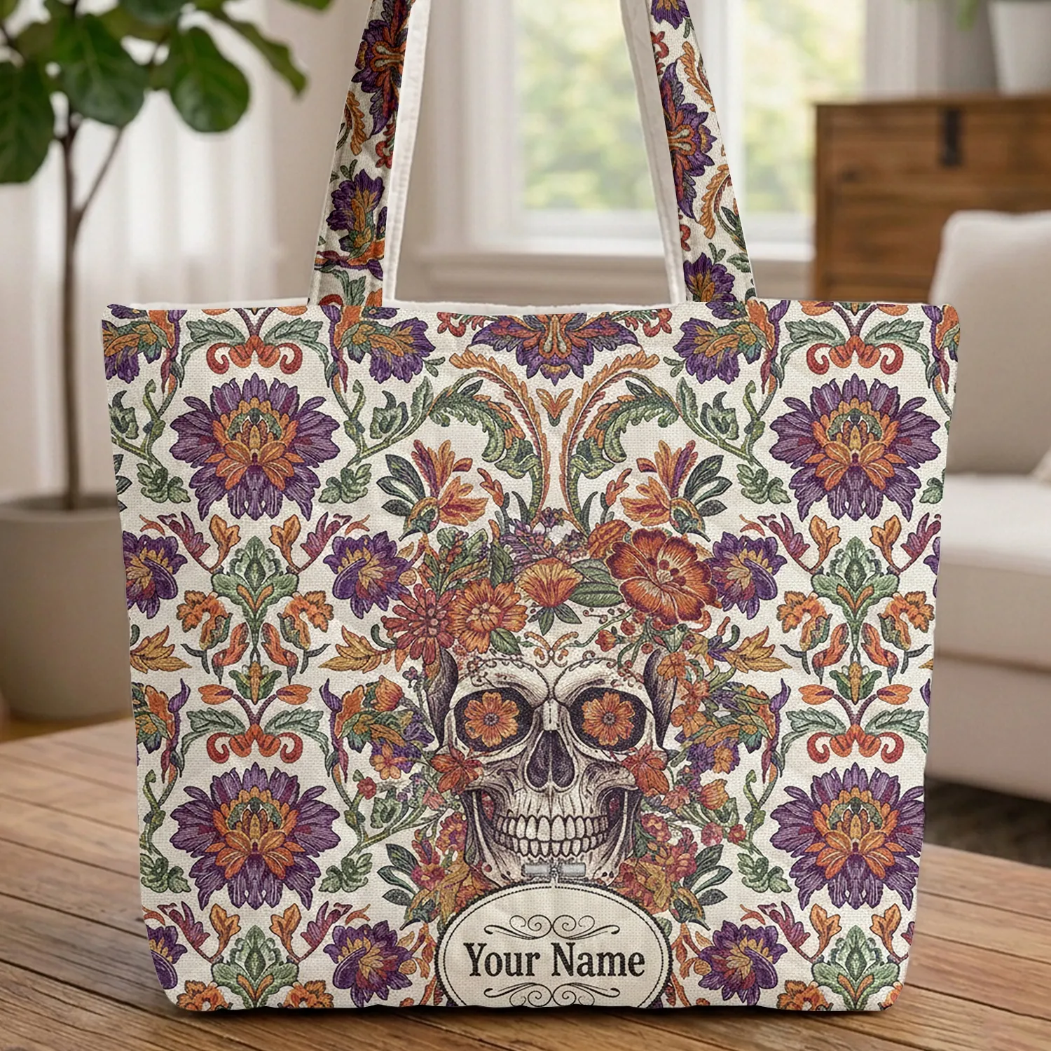 Ornate Skull Intertwining Flowers Leaves Vines Personalized Everyday Carry Gift Quilted Tote Bag - 1