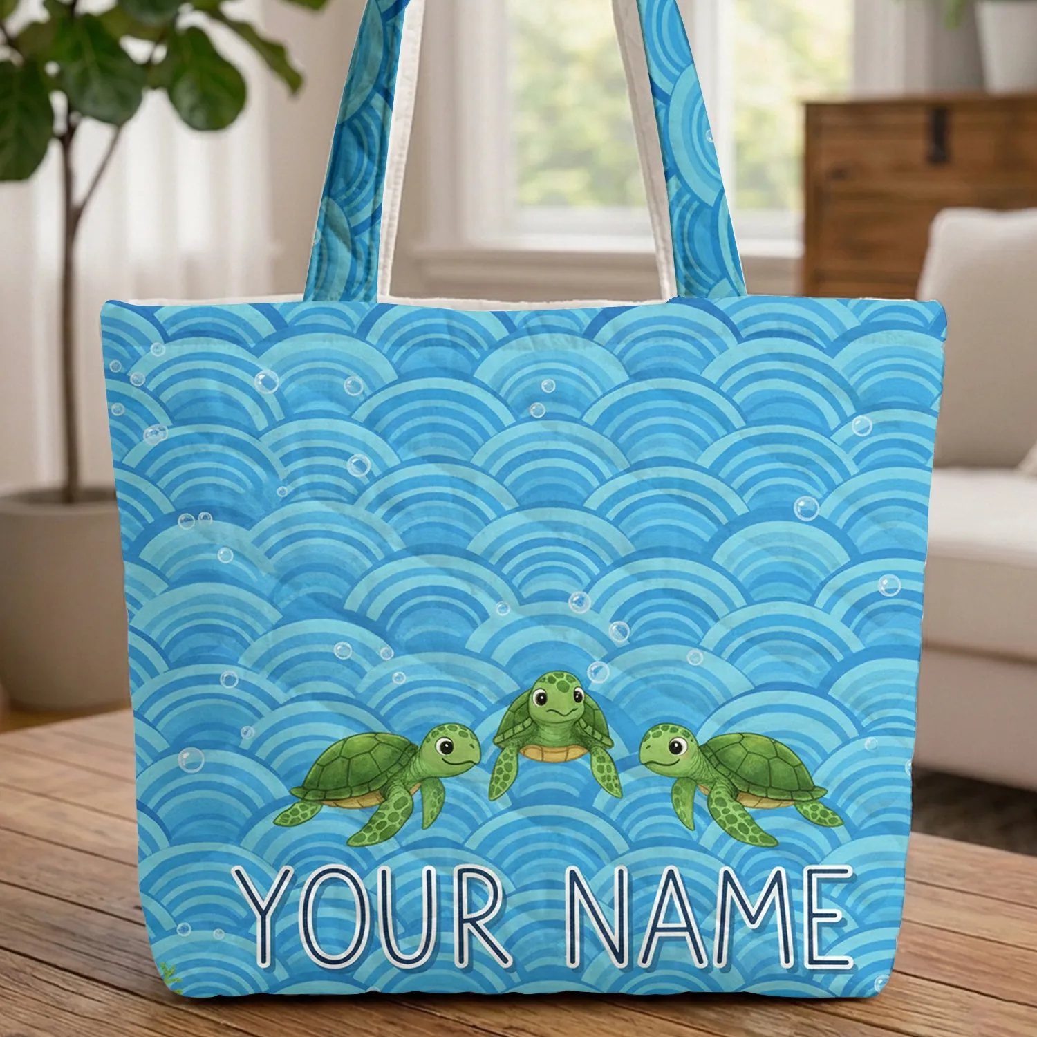 Sea Turtles Ocean Waves Personalized Name - Everyday Carry Gift for Sea Life Lover Quilted Tote Bag - 1