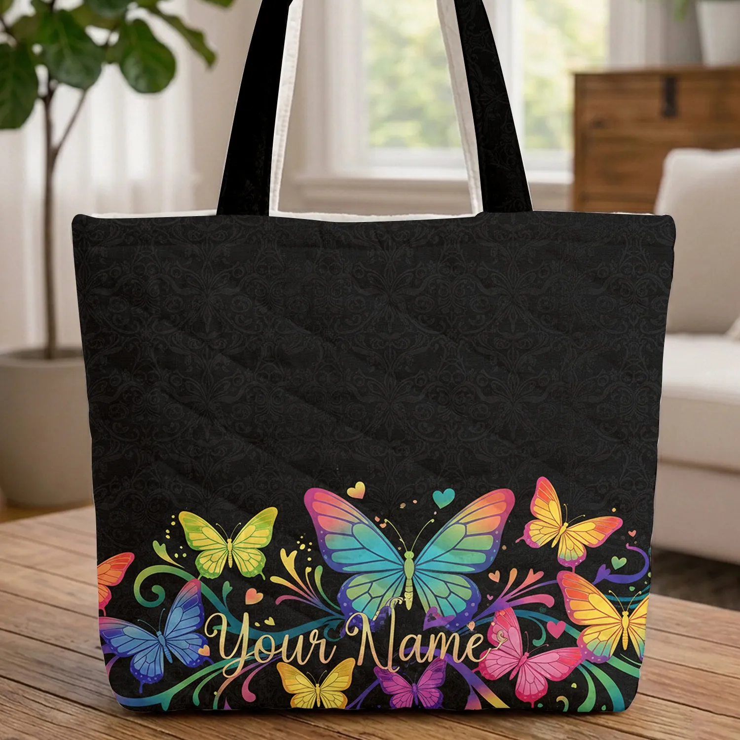Rainbow Butterflies Filigree Personalized Name - Everyday Carry Travel Lifestyle Gift Quilted Tote Bag - 1
