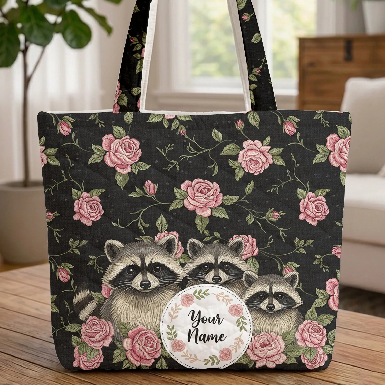 Raccoons Among Pink Roses Green Foliage Floral Wreath Wildlife Lover Gift Quilted Tote Bag - 1