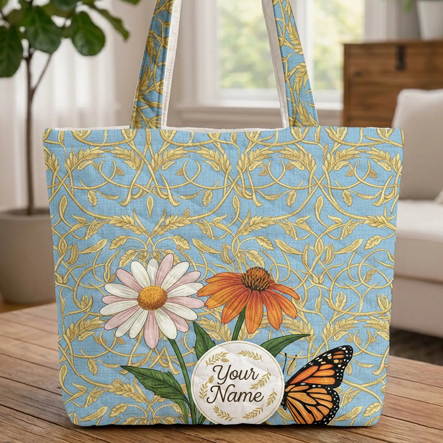 Wheat Daisy Coneflower Monarch Butterfly Personalized Leaf Garland Everyday Carry Gift Quilted Tote Bag - 1