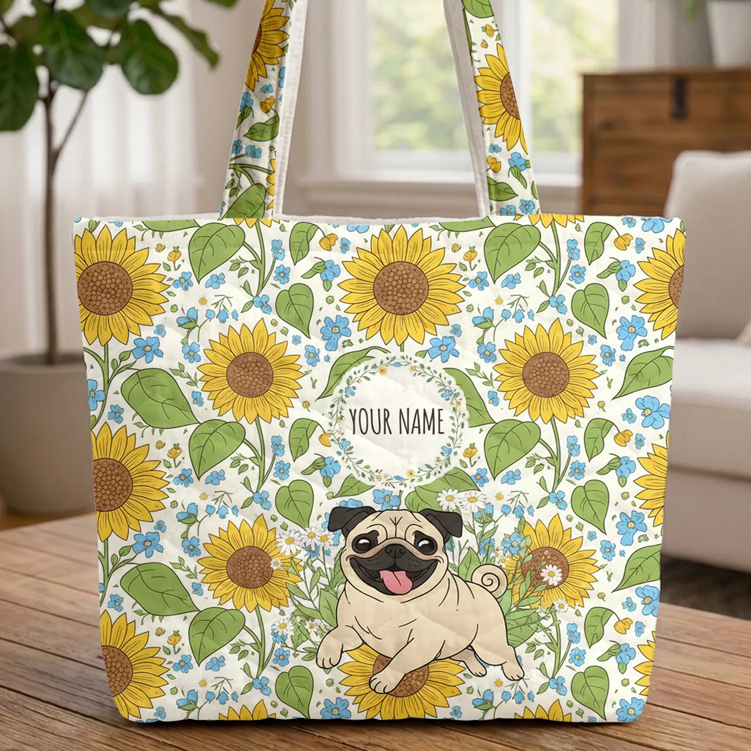 Pug Dog Sunflower Field Flowers Floral Wreath - Everyday Carry Gift for Dog Lover Quilted Tote Bag - 1