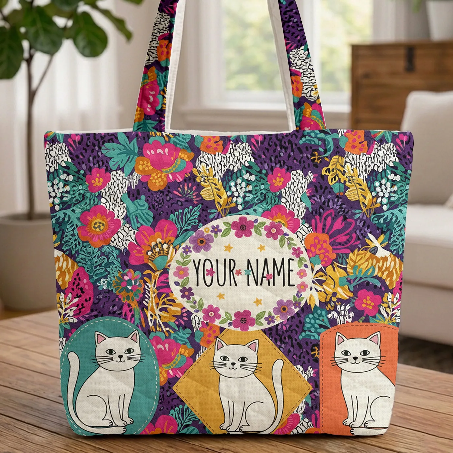 Vibrant Floral Three White Cats Wreath - Everyday Carry Gift for Cat Lover Quilted Tote Bag - 1