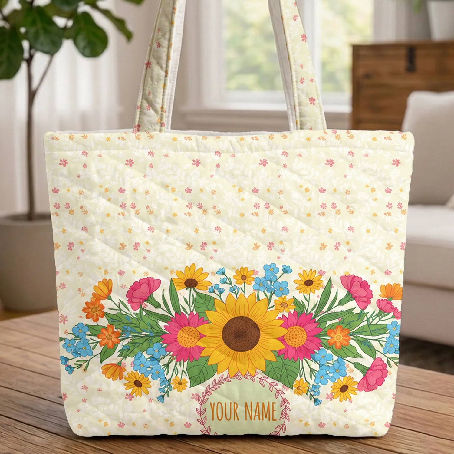 Scattered Leaves Sunflowers Floral Garland - Everyday Carry Flower Lover Gift Quilted Tote Bag - 1