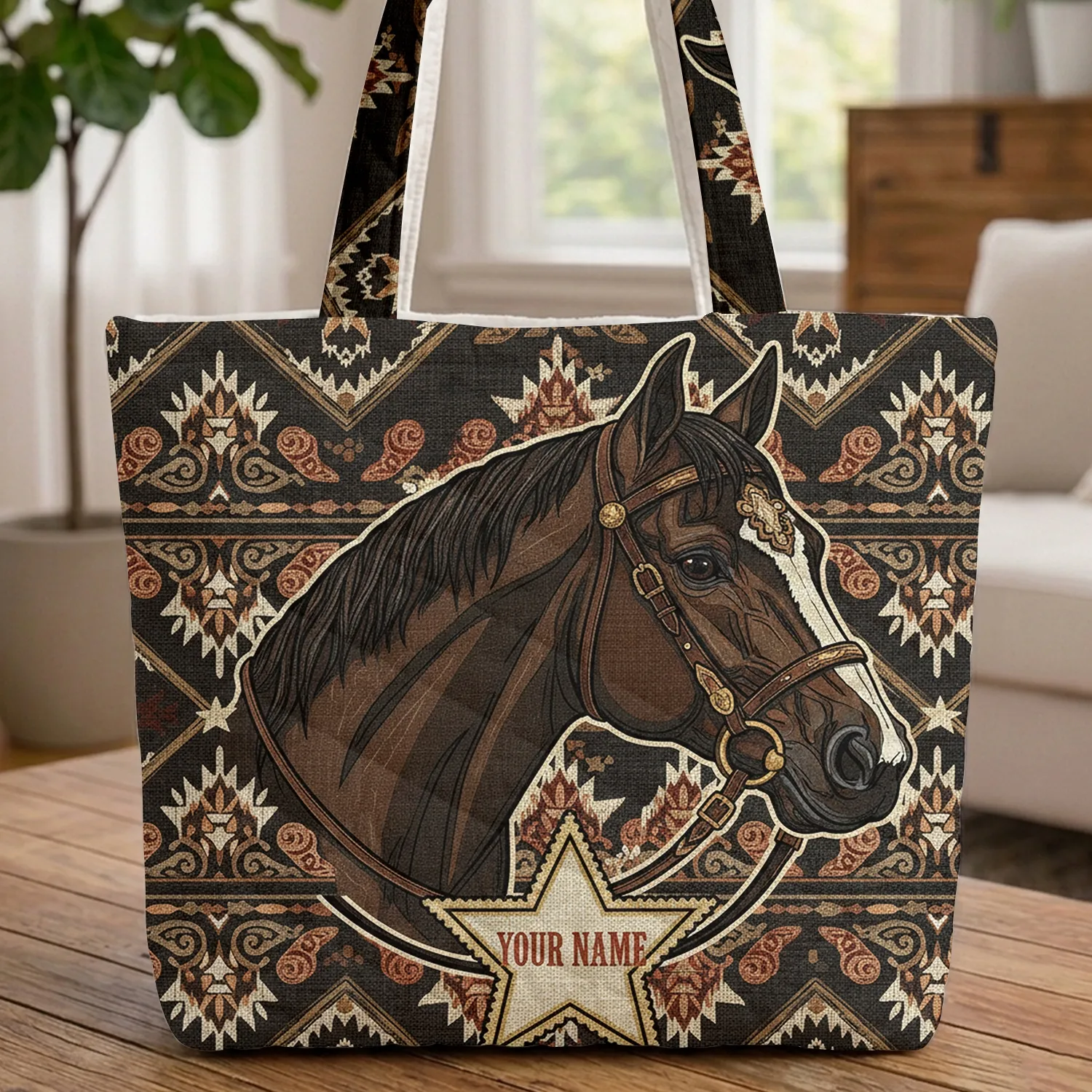 Noble Horse Head Bridle Star Cartouche - Everyday Carry Gift for Horse Lovers and Riders Quilted Tote Bag - 1