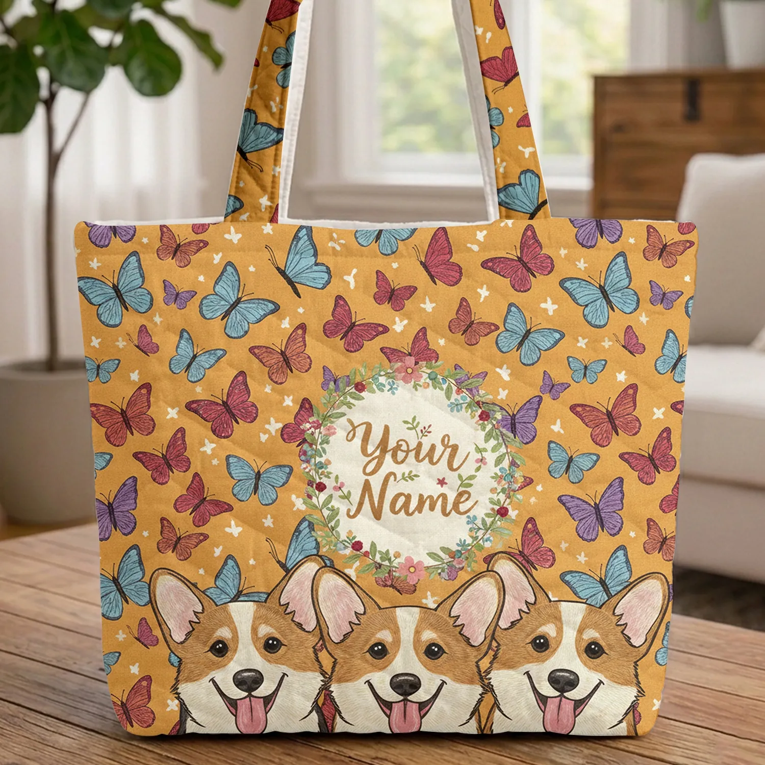 Three Corgi Dogs Butterfly Floral Wreath Personalized - Everyday Carry Gift for Corgi Lovers Quilted Tote Bag - 1