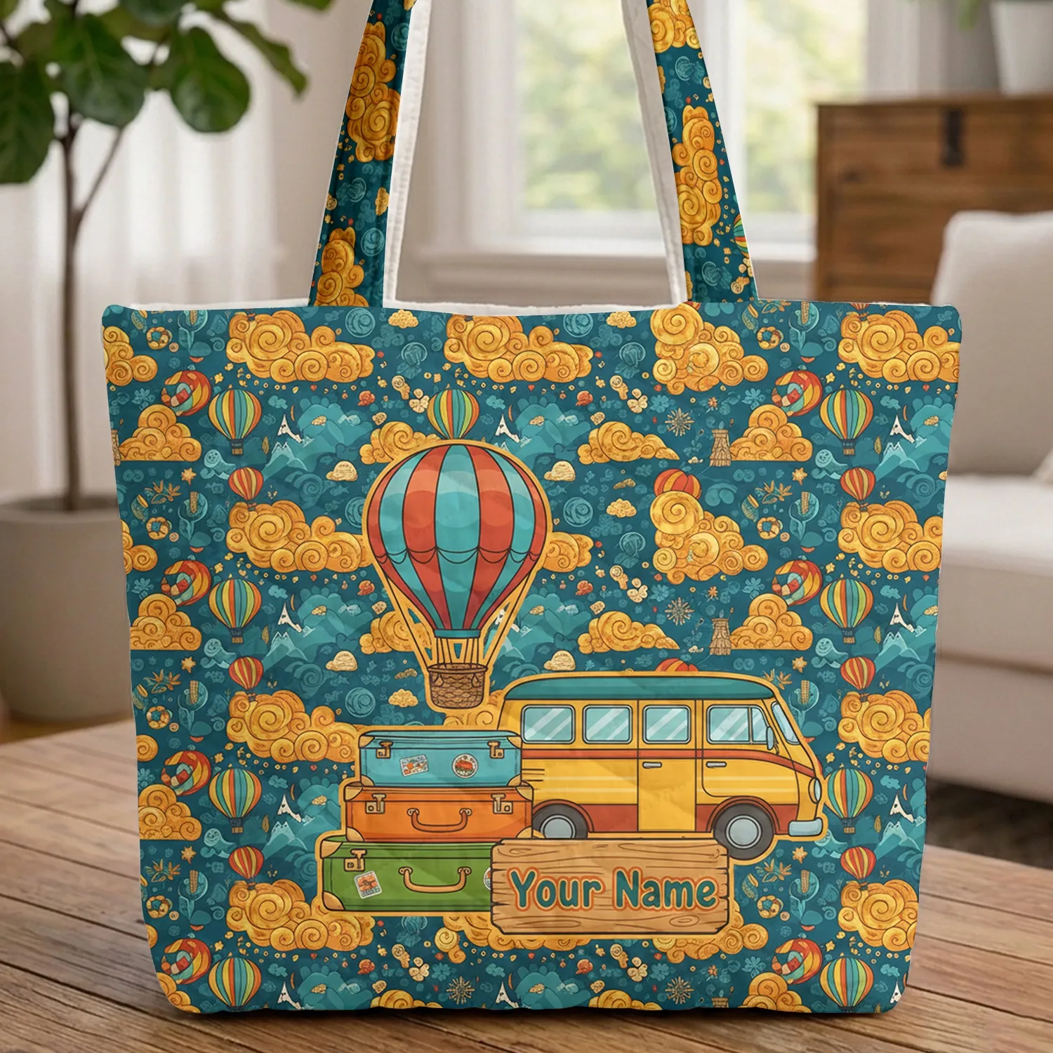 Camper Van Suitcases Hot Air Balloon Travel Essentials Gift for Adventure Lover Quilted Tote Bag - 1