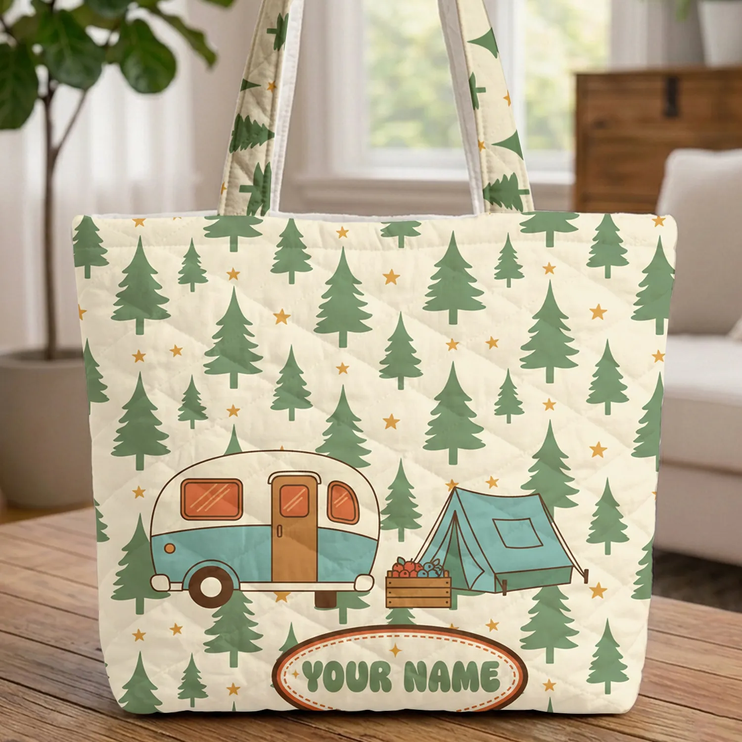 Camper Van Tent Berries Pine Trees Stars - Outdoor Adventure Everyday Carry Quilted Tote Bag - 1