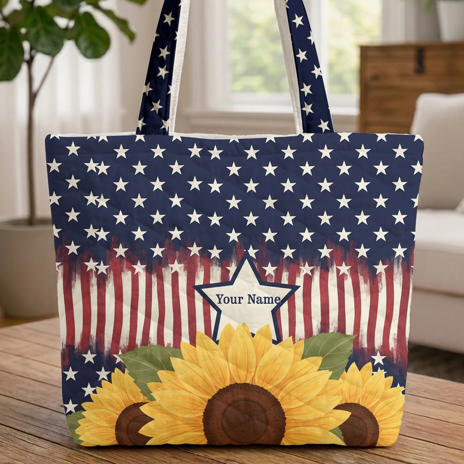 Sunflower American Stars Stripes - Everyday Carry Travel Market Day Gift Quilted Tote Bag - 1