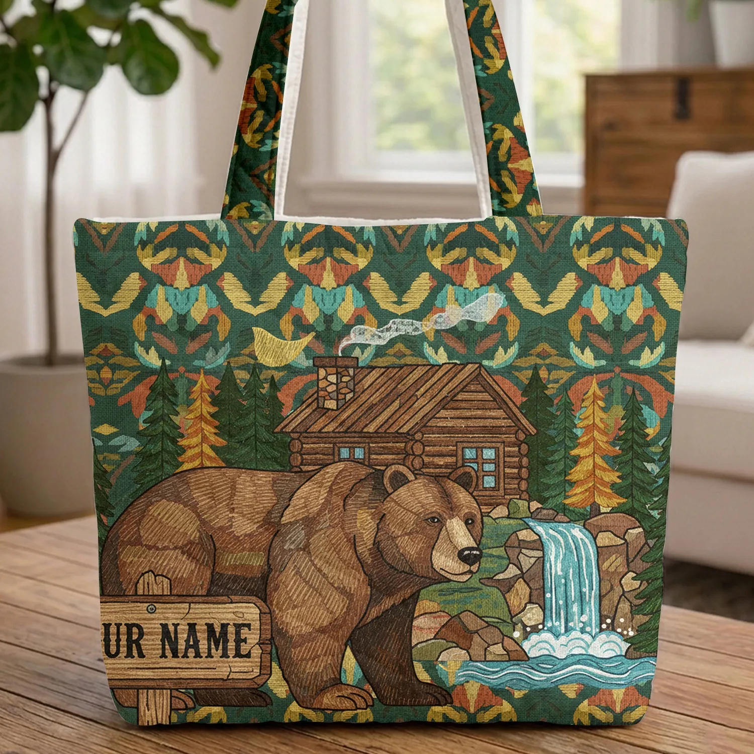 Brown Bear Rustic Cabin Waterfall Wooden Sign - Wildlife Lover Carry Gift Quilted Tote Bag - 1