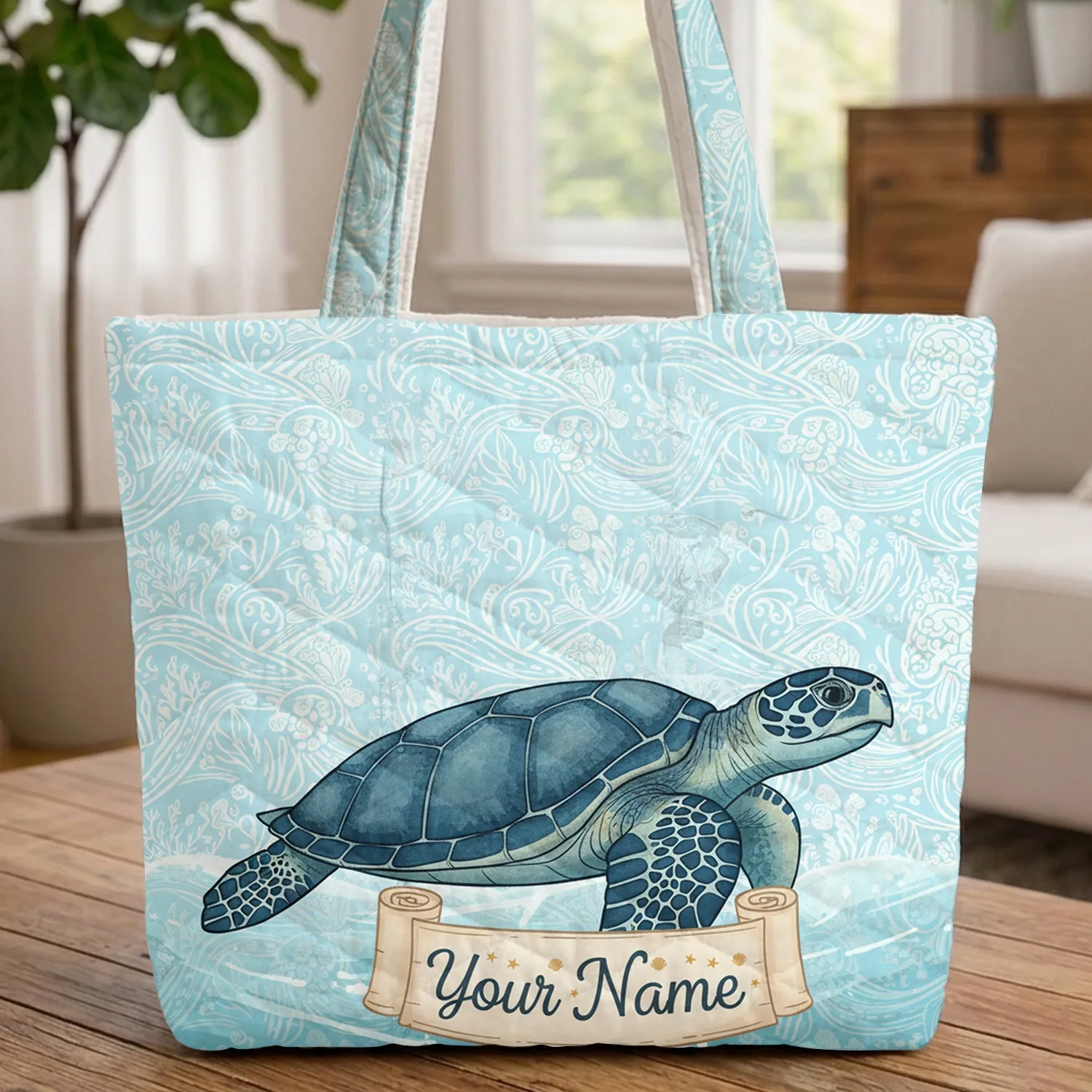 Sea Turtle Shell Star Ocean Waves - Everyday Carry Gift for Ocean Lovers Quilted Tote Bag - 1