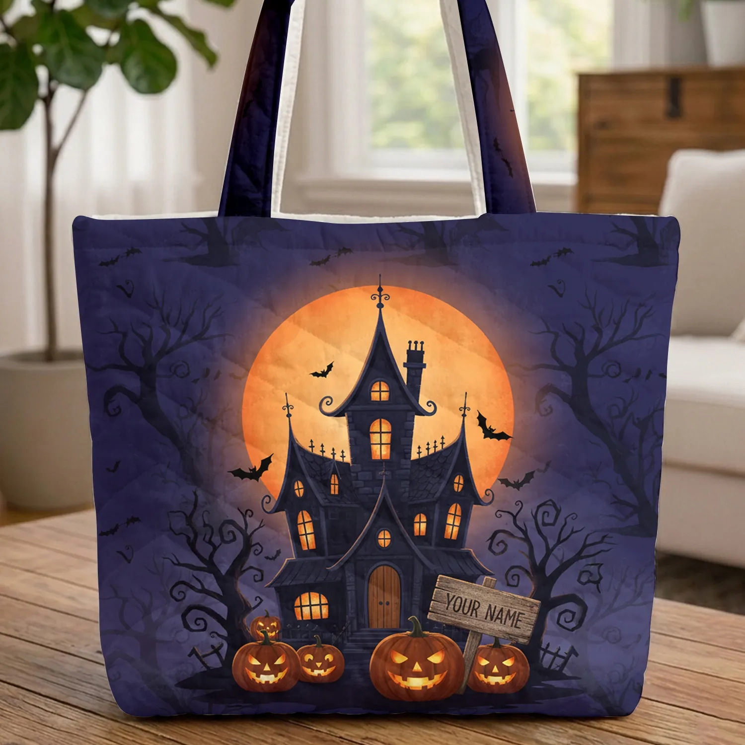 Gothic Haunted House Full Moon Pumpkins Bats Wooden Sign - Halloween Storybook Gift Quilted Tote Bag - 1