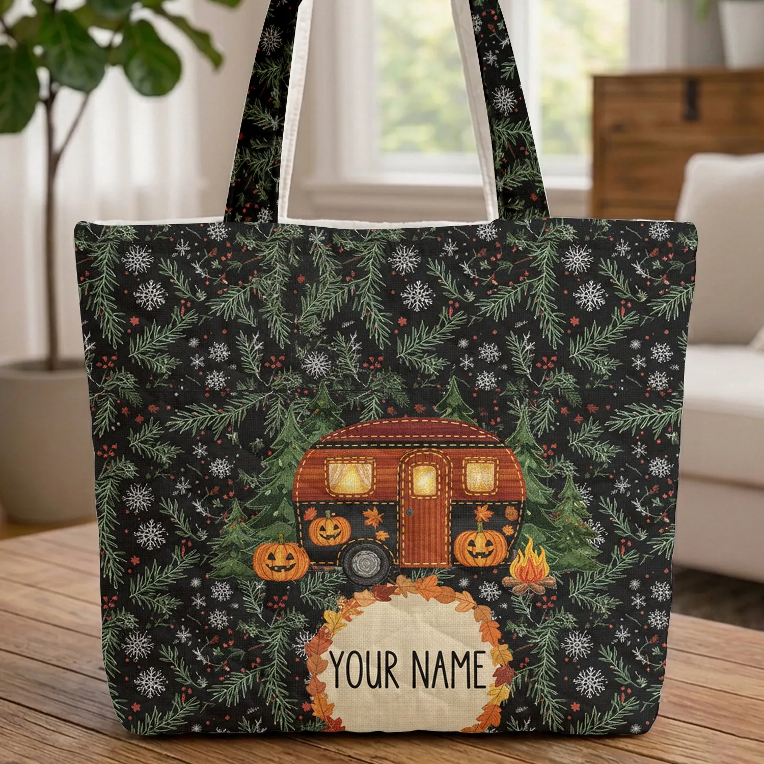 Camper Van Autumn Leaves Snowflakes Personalized Name - Winter Travel Gift Quilted Tote Bag - 1