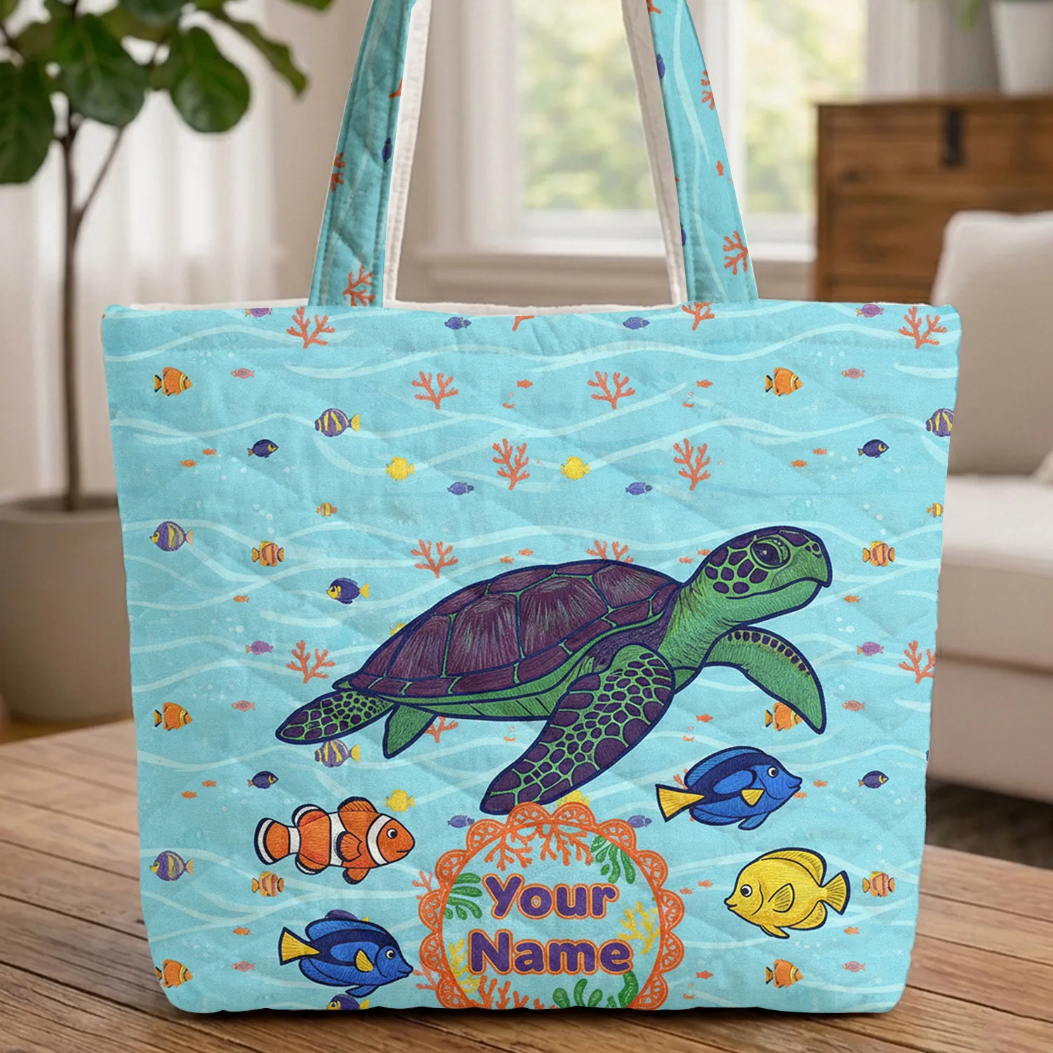 Sea Turtle Tropical Fish Ocean Coral - Everyday Carry Gift for Ocean Lovers Quilted Tote Bag - 1
