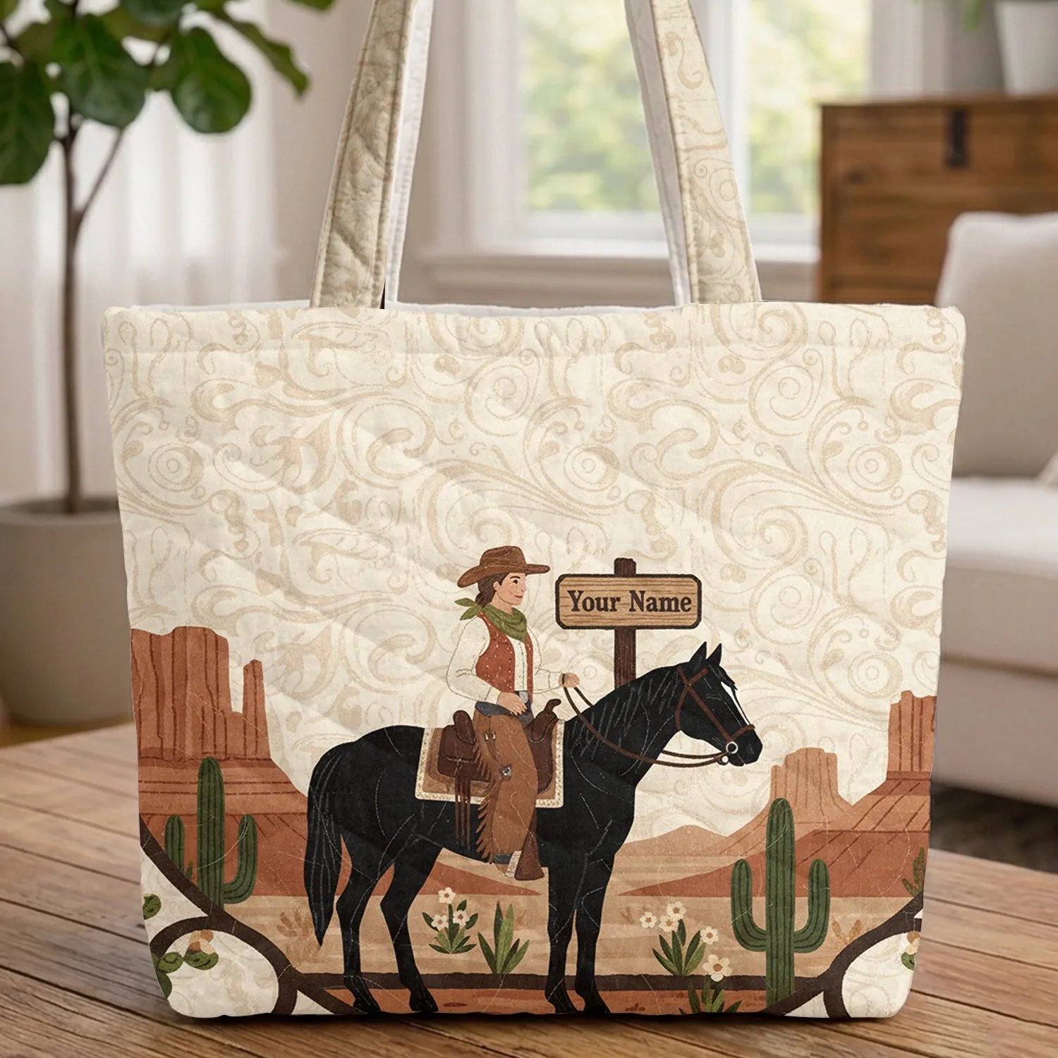 Cowgirl Horseback Desert Mesa Personalized Name Sign Everyday Carry Gift Quilted Tote Bag - 1