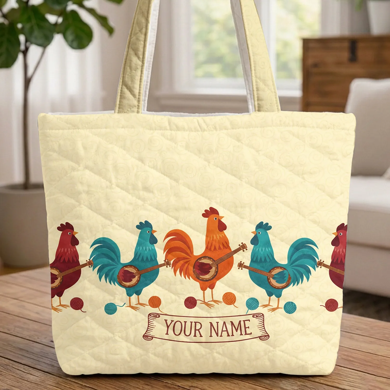 Folk Art Roosters Playing Instruments Everyday Carry Gift Quilted Tote Bag - 1