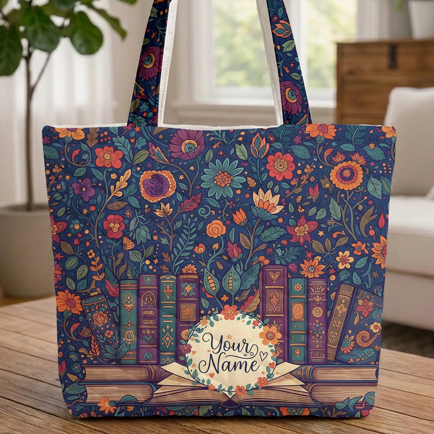 Ornate Books Botanical Flowers Personalized Name Wreath Everyday Carry Gift Quilted Tote Bag - 1