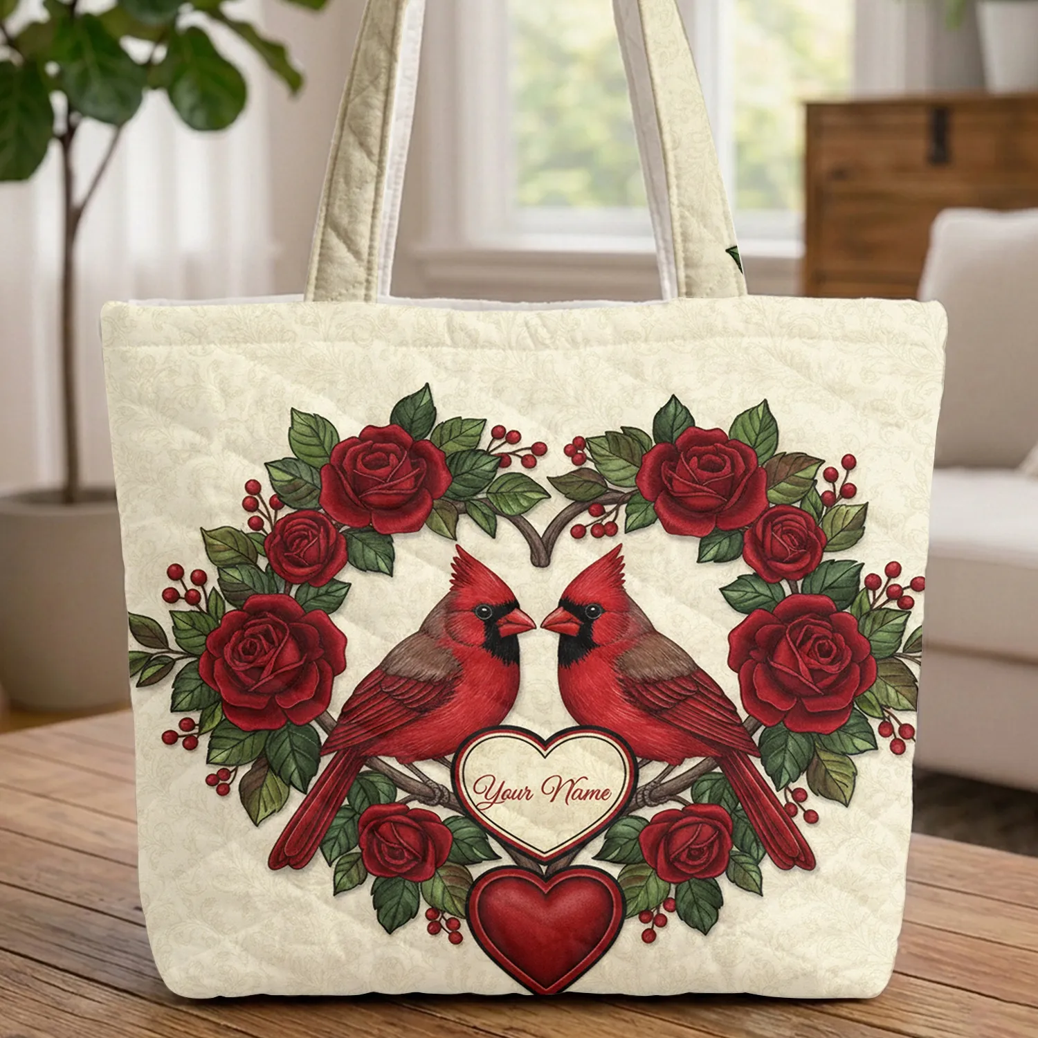 Personalized Cardinals Red Roses Berries Heart Branch Thoughtful Carry Gift Quilted Tote Bag - 1