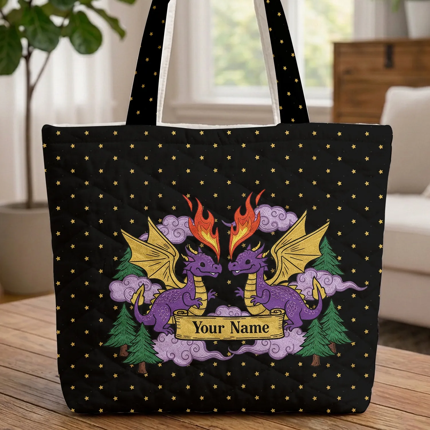 Personalized Purple Dragons Gold Wings Fire - Travel Essentials Gift for Dragon Lovers Quilted Tote Bag - 1