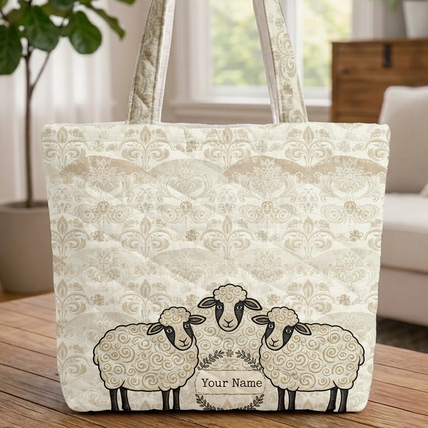 Pastoral Damask Sheep Clover Leaf Floral Wreath Everyday Carry Gift Quilted Tote Bag - 1