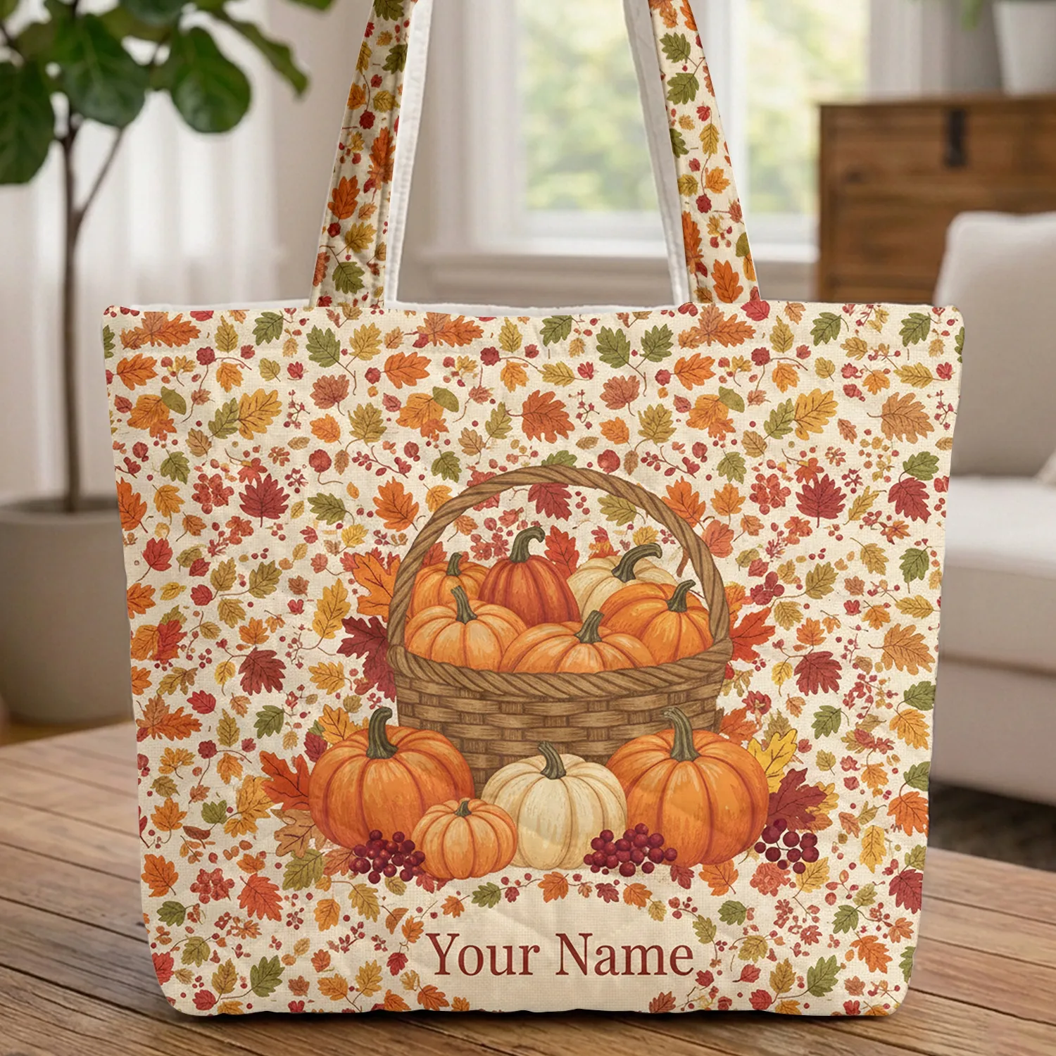 Personalized Autumn Leaves Pumpkins Gourds Harvest Basket - Fall Market Day Gift Quilted Tote Bag - 1