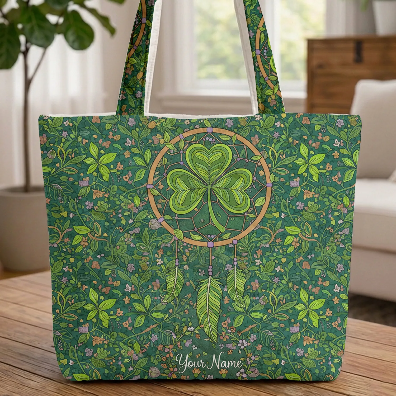 Four-Leaf Clover Dreamcatcher Foliage Wildflower Personalized Name - Everyday Carry Gift Quilted Tote Bag - 1