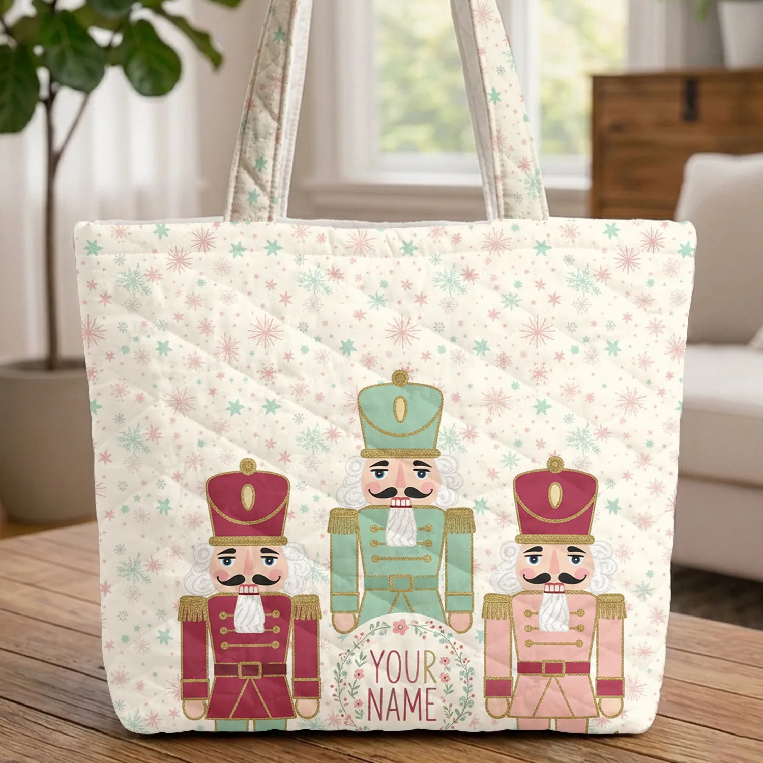 Nutcracker Figures Snowflake Wreath Christmas Party Gift Quilted Tote Bag - 1