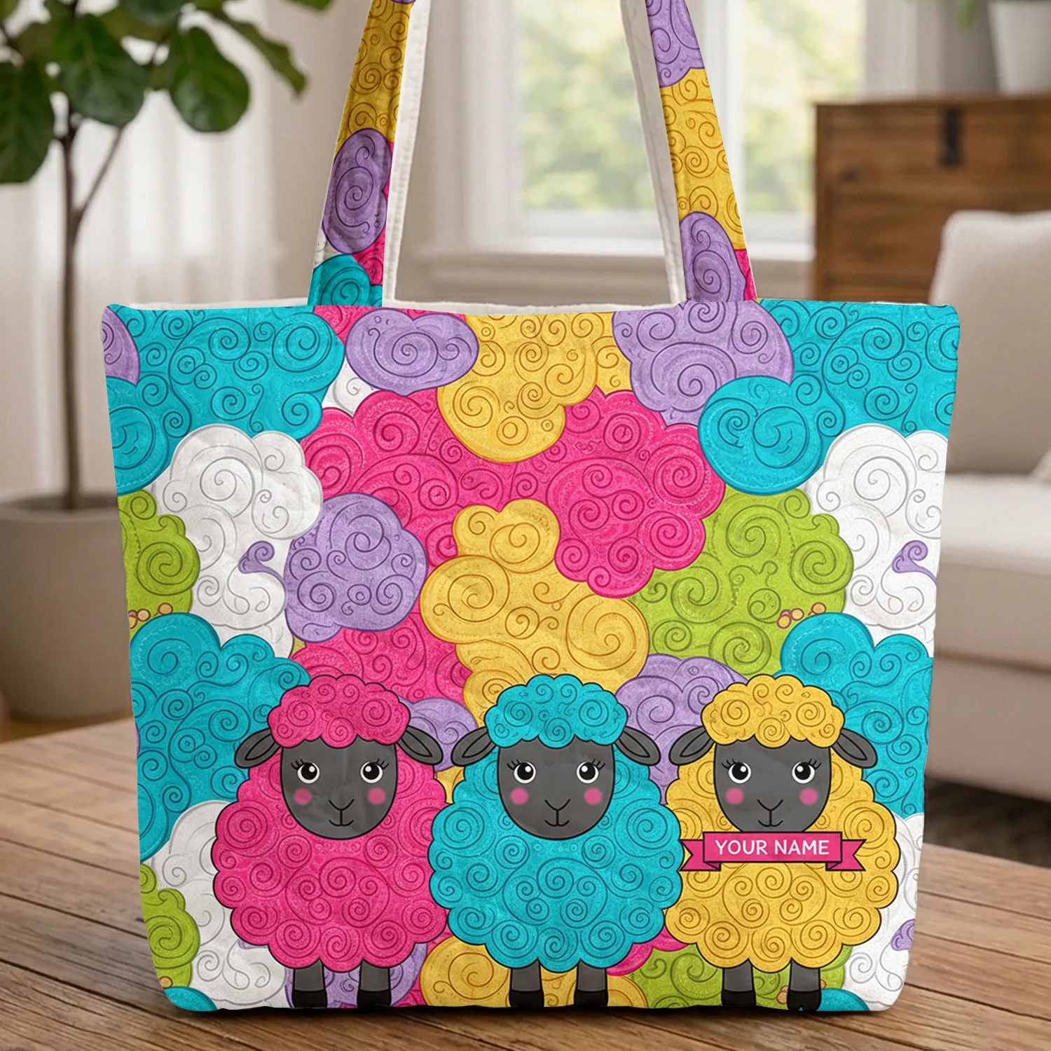 Fluffy Sheep Patchwork Personalized Name Ribbon - Everyday Carry Gift for Kids Quilted Tote Bag - 1