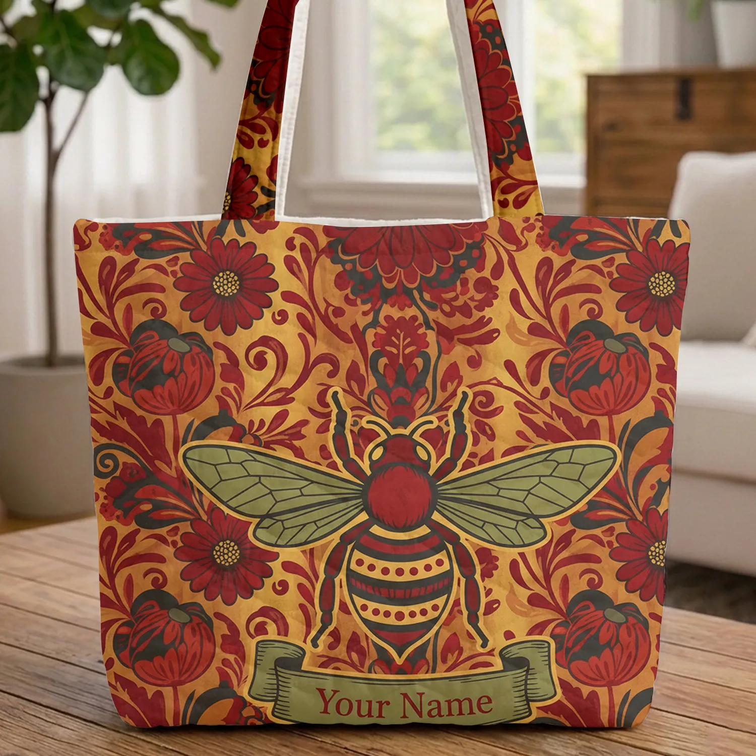 Bee Autumn Botanicals Daisies Curved Scroll - Everyday Carry Gift for Bee Lover Quilted Tote Bag - 1