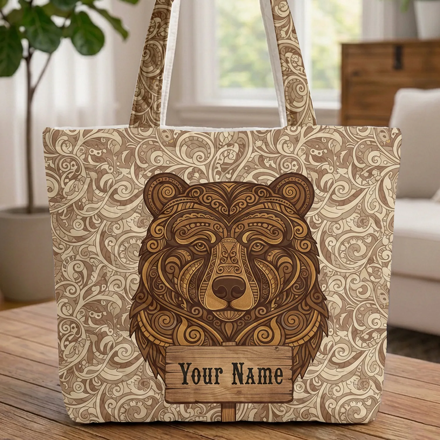 Bear Head Rustic Wooden Sign - Everyday Carry Gift for Wildlife Lover Quilted Tote Bag - 1