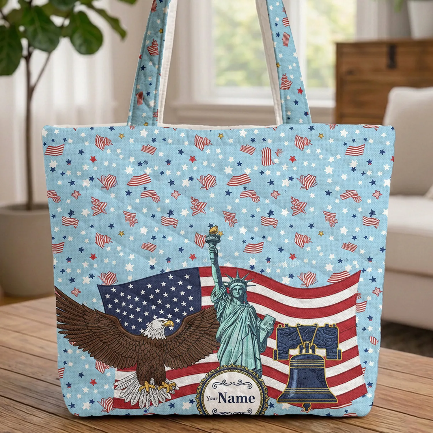 Bald Eagle Statue of Liberty Liberty Bell American Flag - Independence Day Everyday Carry Gift Quilted Tote Bag - 1