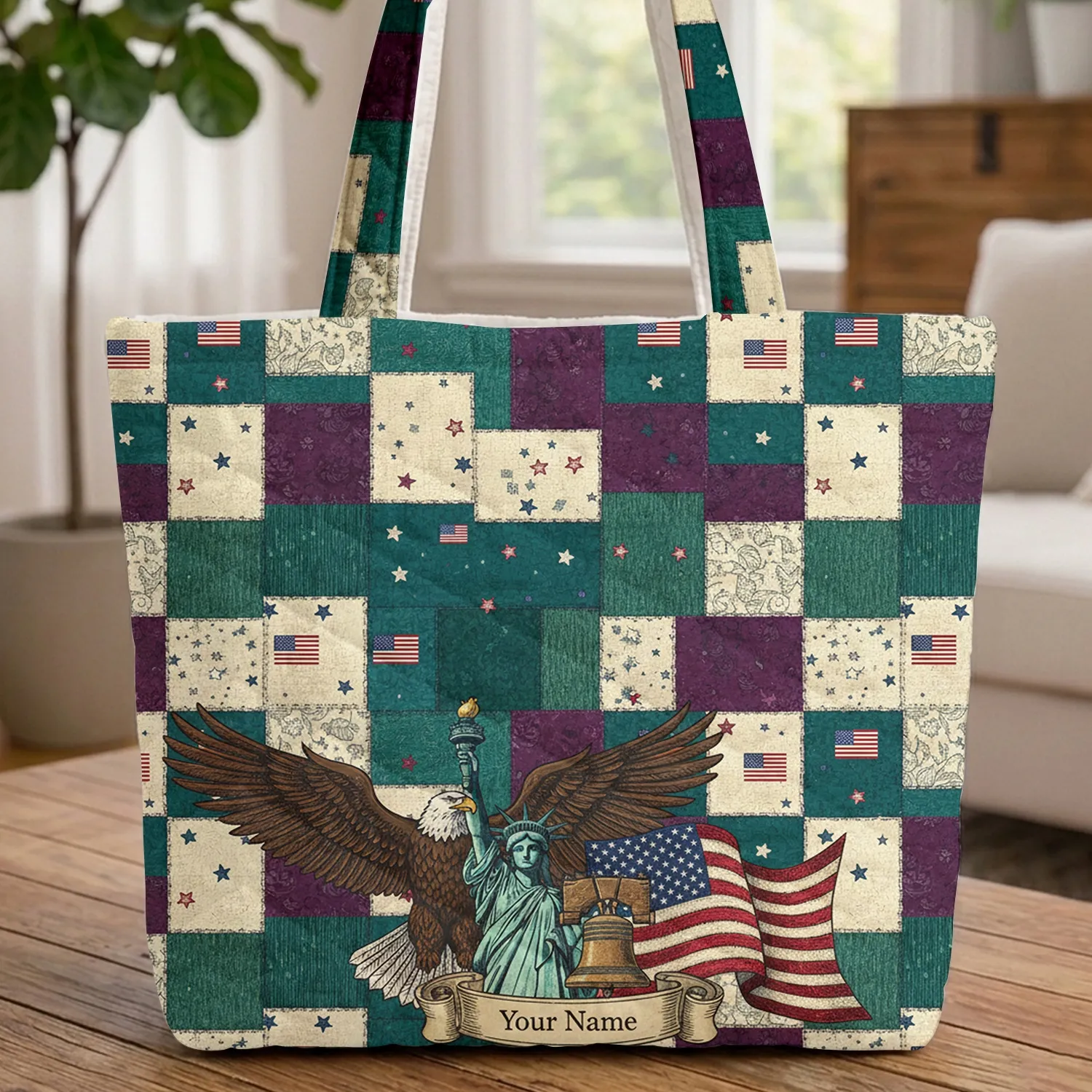 Bald Eagle American Flag Liberty Bell - Everyday Carry Gift Quilted Tote Bag - 1