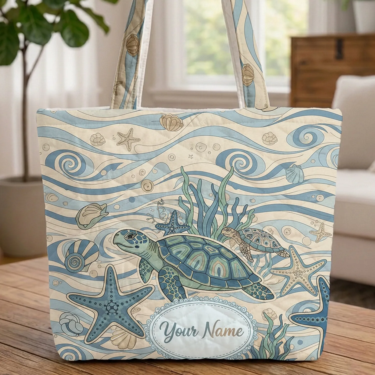 Sea Turtles Starfish Sandy Waves Ocean Currents - Everyday Carry Gift for Ocean Lover Quilted Tote Bag - 1