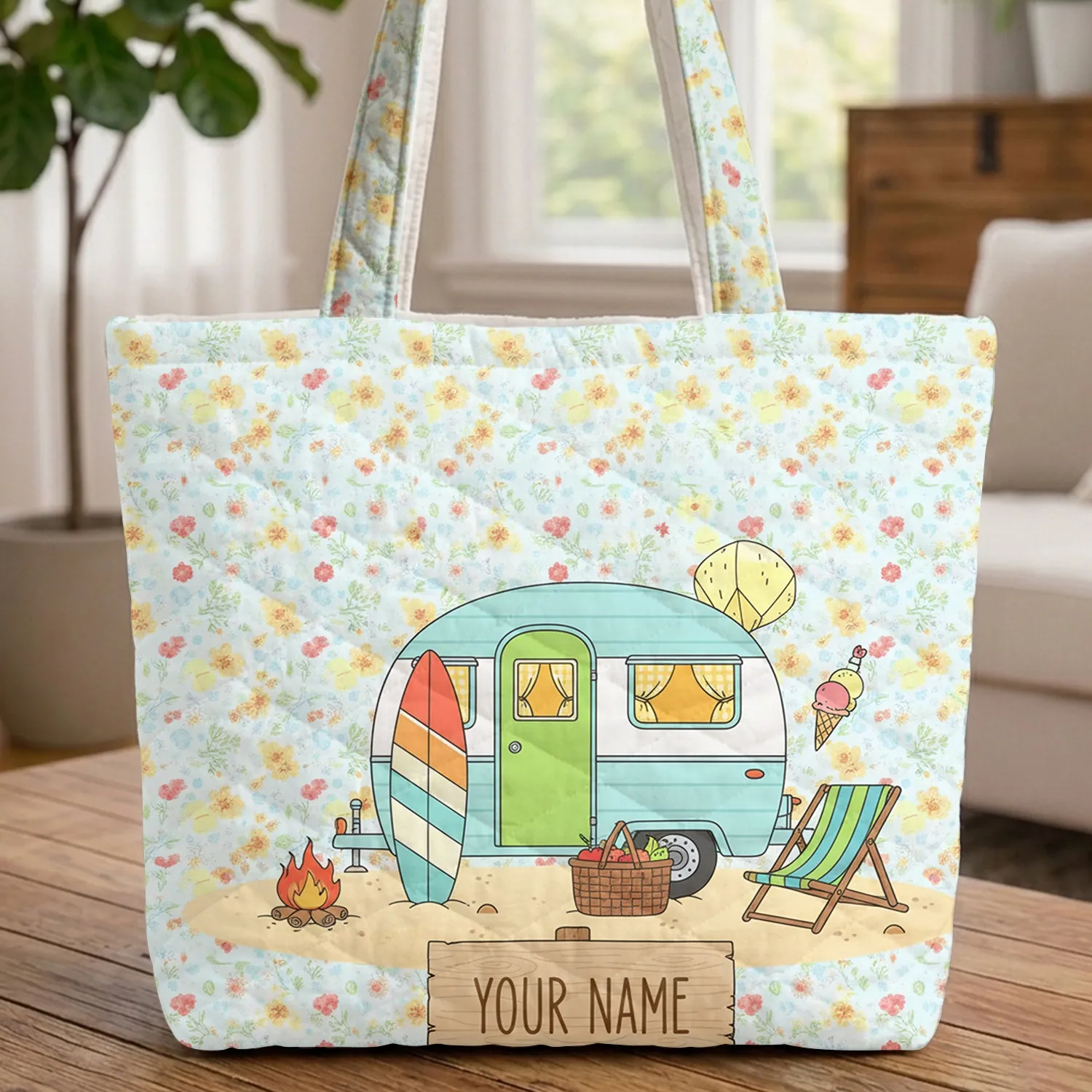 Vintage Teardrop Trailer Wildflowers Campfire - Travel Essentials Gift for Road Tripper Quilted Tote Bag - 1
