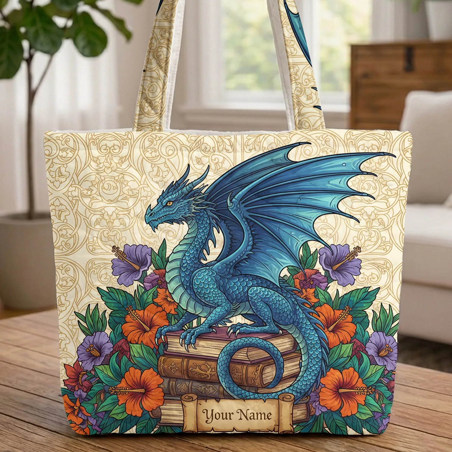 Majestic Blue Dragon Ancient Books Fantasy Flowers - Everyday Carry Gift for Dragon Lover Quilted Tote Bag - 1